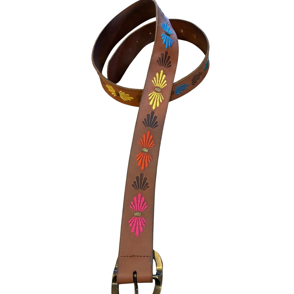 Fossil Belt Women Large Brown Leather Excellent Embroidered Multi Color Boho 40"